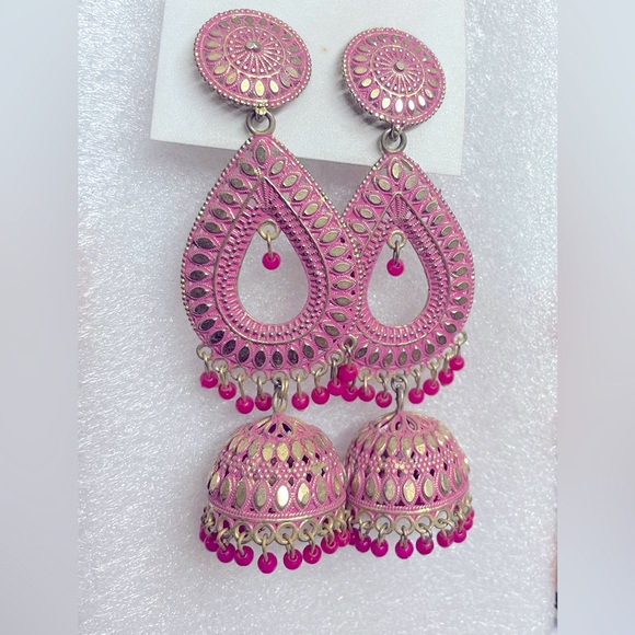 Beautiful long dome shaped pink colour lightweight metal jhumka earrings - Picture 3 of 6